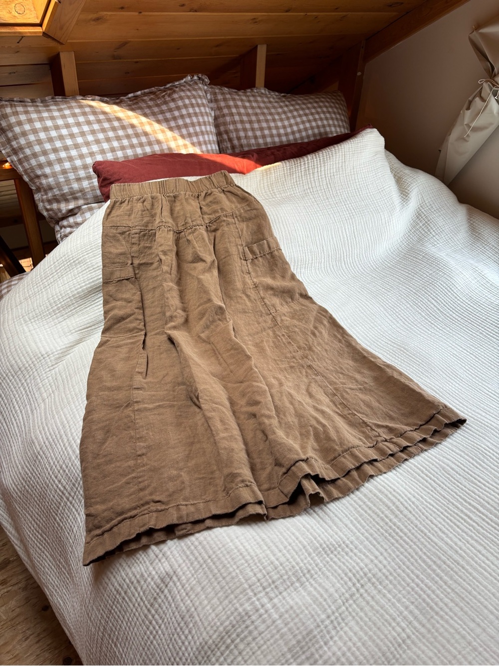 Conscious Clothing 100% Linen Mustard Brown Linen Maxi Skirt with Elastic Waist - Picture 2 of 3